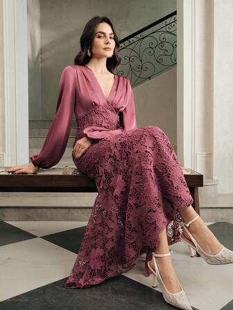  Abito elegante Anewsta in acetato e raso con scollo a V, bordo arricciato, inserti in pizzo, orlo a sirena, maniche lunghe, adatto per inverno, autunno, festival, vacanze, feste eleganti, Capodanno chic, Vigilia di Capodanno