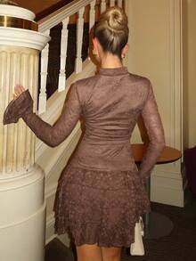 Glamine Charm Women's Mocha Brown A Line Mini Dress With 3D Rose And Flare Long Sleeves - Mocha Brown - View 2