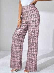 SHEIN Tall CURVE 大码夏季优雅女式格子印花弹力针织裤，适合各种场合，适合夏季度假、优雅旅行和日常通勤 - 粉色 - 查看 5