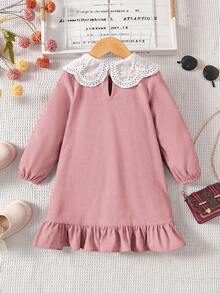 Emery Rose Kids Emery Rose Kids 兒童粉色夏季家庭套裝度假女童燈芯絨拼接蕾絲領長袖秋冬洋裝，休閒A字版生日服 - 藕粉色 - 查看 6