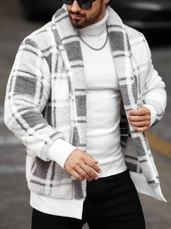 Manfinity Homme Men's Casual Minimalist Style Jacket, For Everyday Wear, Men Jacket, Suitable For Christmas, New Year Holidays, Parties, Dinners, Fall And Winter Men Urban Warm Jacket Plaid Colorful Long Sleeve Americana Jacket, For Friends, Husband, Boyfriend Gifts