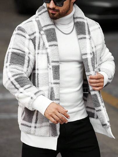 Manfinity Homme Men's Casual Minimalist Style Jacket, For Everyday Wear, Men Jacket, Suitable For Christmas, New Year Holidays, Parties, Dinners, Fall And Winter Men Urban Warm Jacket Plaid Colorful Long Sleeve Americana Jacket, For Friends, Husband, Boyfriend Gifts