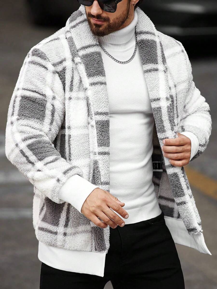 Manfinity Homme 男士休闲简约风格夹克，适合日常穿着，男士夹克，适合圣诞节、新年假期、聚会、晚宴、秋冬季男士都市保暖夹克格子彩色长袖美式夹克，适合朋友、丈夫、男朋友的礼物 - 彩色 - 查看 1