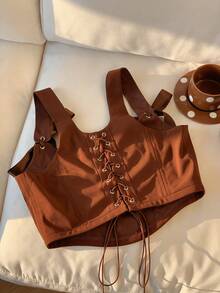 Comfortcana 2025 New Fall And Winter Fashionable Women's Western Style Lace-Up Embroidered Top Brown Corset New Year Look Christmas For Women Thanksgiving For Women Party Vintage Style