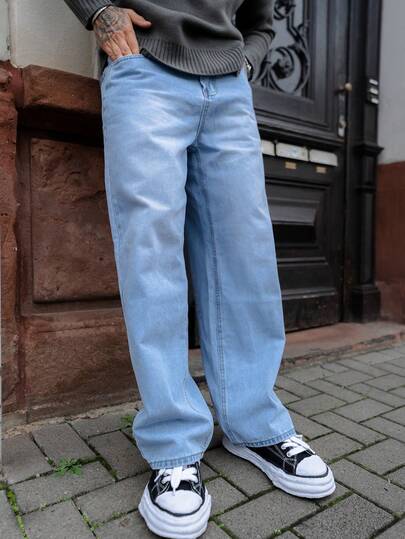 Artur Kramer بناطيل جينز للرجال لون أزرق فاتح غسيل، بتصميم كاجوال جديد بطراز شارع الفينتاج، بتركيبة فضفاضة، بسيطة ذات ساق مستقيمة