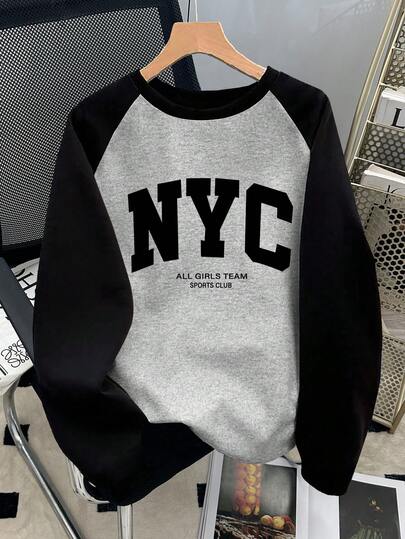 INAWLY Camiseta de manga larga con cuello redondo, estampado de letras y contraste de color para mujer