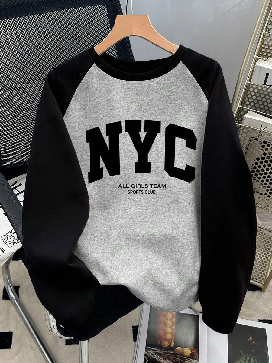 INAWLY Áo thun Raglan dài tay cổ tròn in chữ màu tương phản dành cho nữ - Màu Xám nhạt - Xem 1