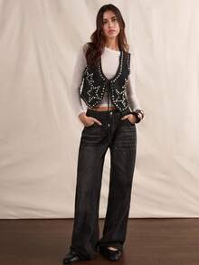 Easelle Áo đen có đinh tán hình ngôi sao năm cánh, lễ hội âm nhạc ngoài trời thú vị, áo kiểu vest - màu đen - Xem 5