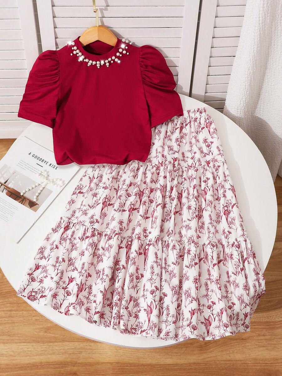SHEIN Tween Girl Pearl Decor Round Neck Puff Sleeve T-Shirt And Floral Print Skirt Casual Set