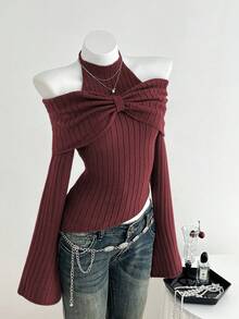 Elamini 1pc Women's Charcoal Gray Personalized Delicate Halter Tie Bow Design Asymmetrical Shoulder Asymmetric Hem Elastic Knit Casual Sweater, Autumn/Winter - Burgundy - View 4