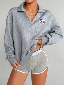 Dewbera Damen Oversized Cartoon Muster V-Ausschnitt Pullover Sweatshirt, Fleece gefüttert, lässiges Sport Tennis Poloshirt für Herbst/Winter