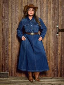 EMERY ROSE Plus Size Women Long Sleeve Button Half Placket Casual Washed Denim Shirt Dress - Dark Wash - View 4