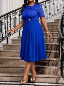 Fleurora Plus Size Women's Elegant Party Solid Color Lace Patchwork Midi Dress - Navy Blue - View 3