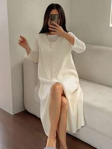 DAZY 女士针织无袖长裙家居服，秋冬 - 白色 - 查看 4