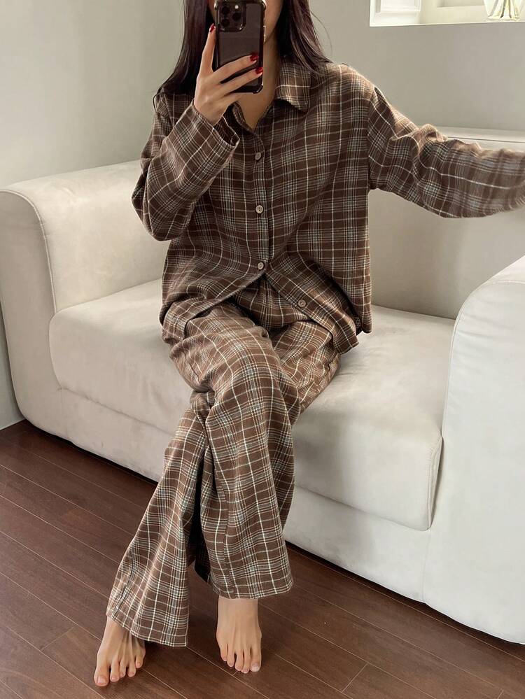 Plaid Loose Women Long Sleeve Single-Breasted Top And Pants Pajama Set, Fall & Winter Clothes