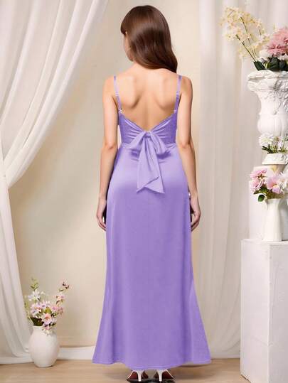 Pitira 青少年女孩派对装下摆褶边缎面细肩带伴娘礼服优雅正式晚会舞会婚礼宾客礼服，适合毕业典礼、晚宴派对礼服