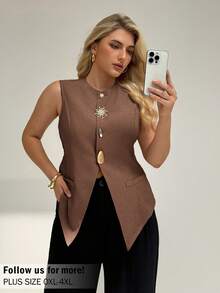 Auralis Camiseta sin mangas de color caqui sólido con decoración de hebilla de metal, elegante, para mujer, estilo de negocios casuales, moda de viaje, graduación, oficina, crucero, aeropuerto, divertida