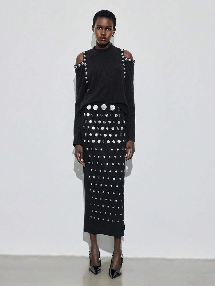 SHEIN Maija Women's Studded Black Straight Skirt, Elegant Fashion For Party Occasions,Minimalist Design, Spring, Christmas, New Year, Thanksgiving,Modern City, Fashion, Summer, Beach Summer Holiday Beach Vacation Summer Going Out Graduation