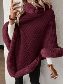 EMERY ROSE Fashionable & Elegant Fuzzy Patchwork Poncho Sweater, Autumn/Winter - Brown - View 7