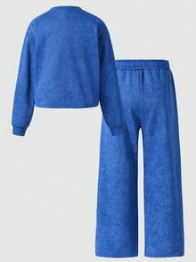 Sparklyn Bộ đồ thể thao cơ bản, đa năng cho bé gái tuổi teen, thích hợp mặc hàng ngày đi học, thể thao, dạo phố. Áo sweatshirt cổ tròn dáng rộng in họa tiết hoa tuyết và quần ống rộng. - Màu xanh lam - Xem 2