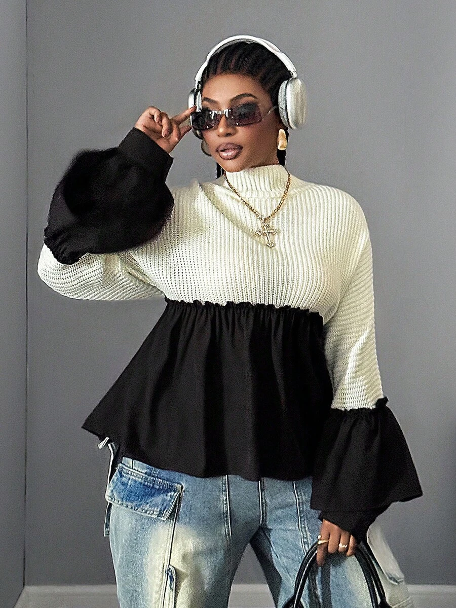 Maweii Plus Size Women Patchwork Stand Collar Pullover Sweater - Black and White - View 1