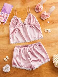 FairyFlirt Bộ đồ ngủ Babydoll Y2K màu công chúa ren satin viền bèo nhún cho nữ - Hồng - Xem 2