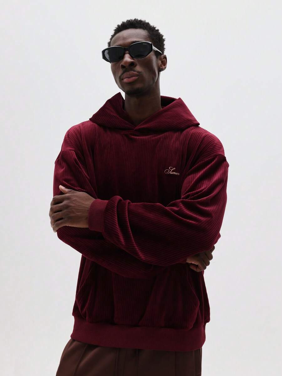 SUMWON 常规款套头连帽衫，罗纹针织，休闲套头衫，带抽绳帽，秋冬季纯色卫衣 - 酒紅色 - 查看 1