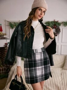 LanaWest Falda A-Line a cuadros casual para mujer, minimalista y de moda, adecuada para uso diario