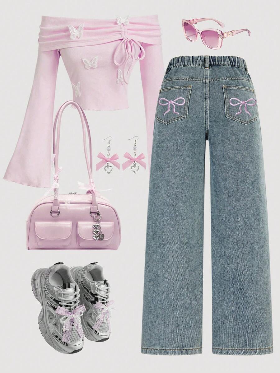 SHEIN Explorewe Jeans a gamba dritta per ragazze pre-adolescenti, denim blu vintage vintage, estetica Y2K, casual all'aperto dolce e alla moda, in comodo cotone, decorati con ricamo a farfalla, vita elastica, versatili per scuola, feste, viaggi, autunno - Blu lavato medio - Visualizzare 1