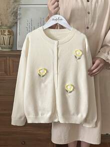 Vintaside Kids Áo khoác cardigan dệt kim cài nút cổ tròn tay dài thêu hoa dễ thương cho bé gái, mùa xuân/thu - Màu vàng - Xem 3