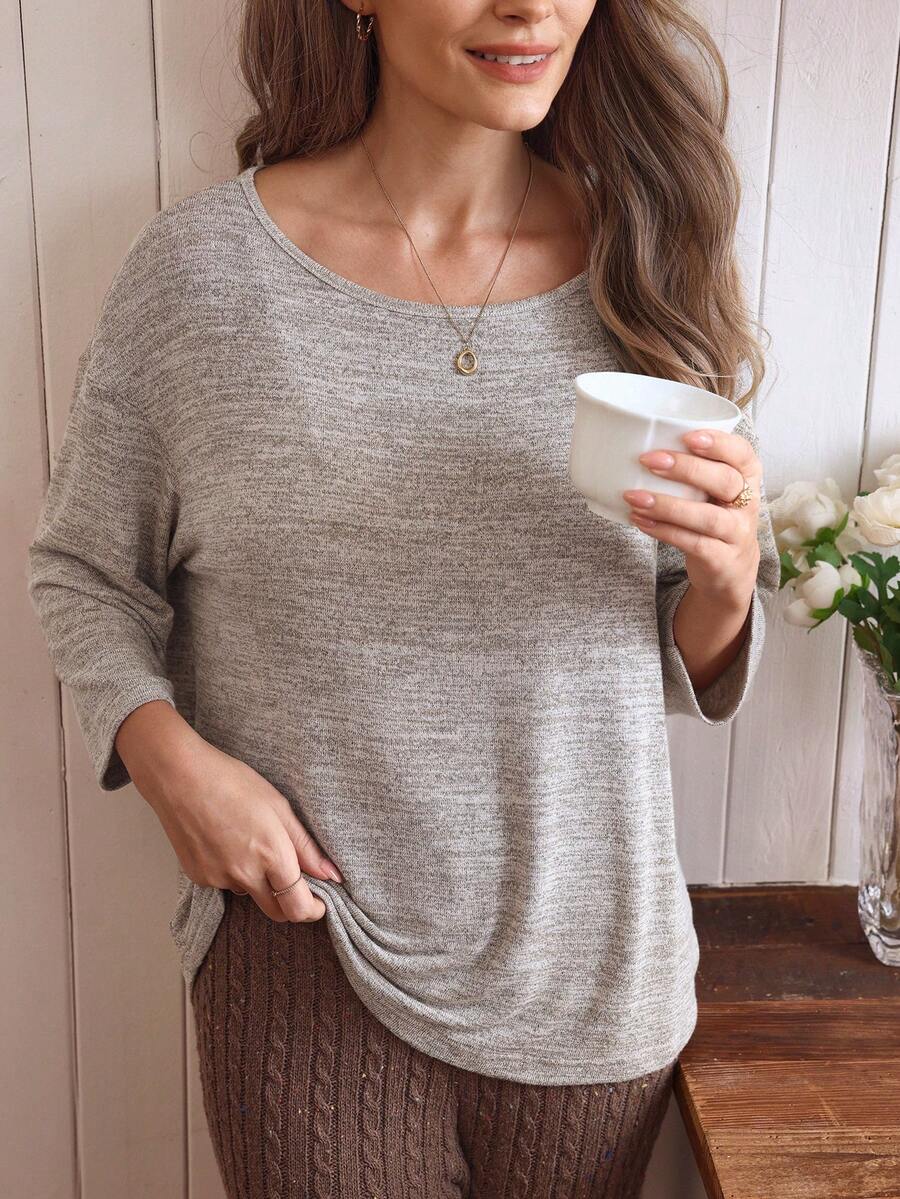 Louniche 休闲圆领宽松T恤，适合日常穿着和居家穿着，秋冬季 - 杏色 - 查看 1