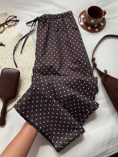 Comfortcana Brown Pants Winter Christmas New Year Brown Polka Dot Woven Women's Tie Waist Wide Leg Pants Brown Pants Polka Dot Pants Brown Polka Dot Pants,Fall,Fall Clothes For Women,Winter Clothes For Women