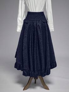 ROMWE Goth Women's Vintage Palace Dark High Waist A-Line Jacquard Patterned Front Short Back Long Skirt - Navy Blue - View 8