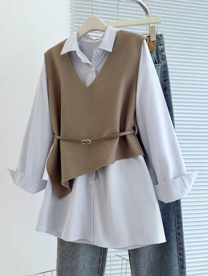 Franclia 2025 Autumn Fresh Debut: Ladies' 2 In 1 Jacket-Shirt Ensemble, Boasting Artful Asymmetrical Tailoring, Exquisite Button Accents & An Adjustable Waist Sash, Streamlined Silhouette That Enhances A Slimmer Look, Versatile For Office Commutes, Leisurely Weekends & Casual Outings