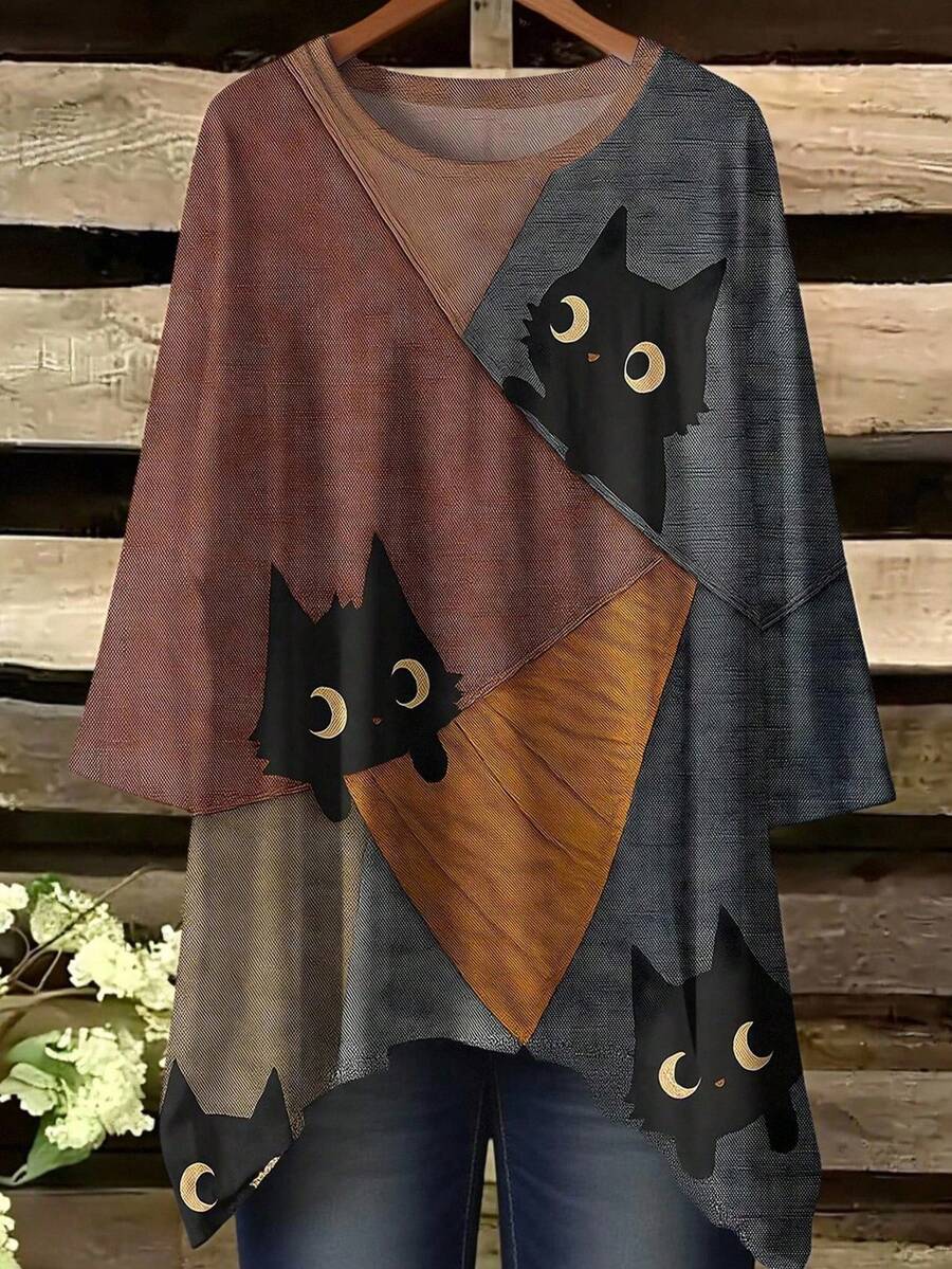 SHEIN LUNE 复古卡通猫咪图案女童2000年代服装上衣女式T恤时尚休闲女装 - 紅色 - 查看 1