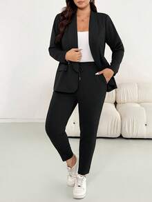 Shapeblank Plus Size Women's Pear-Shaped Body And Fashion Casual Loose Comfortable Daily Black Suit Jacket And Leggings Two Pieces Set, Business Casual Outfits,Work Wear Spring - Black - View 3