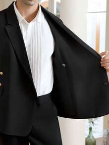 Manfinity Bizformal Men's Solid Color Single-Breasted Suit Set, Lapel, Men's 2 Pieces Suit, Wedding Suit, Can Be Easily Matched With Wedding, Party, Business, Graduation Ceremony, Date, Work, Meeting, Ball And Other Formal Business Suits (Suit Jacket And Trousers), A Great Gift For Friends, Fathers, Brothers And Sons Men S Jacket Suit Double Breasted Blazer Men Men Blazer Suit Black And Gold Men Suit Men Double Breasted Suit - Black - View 5