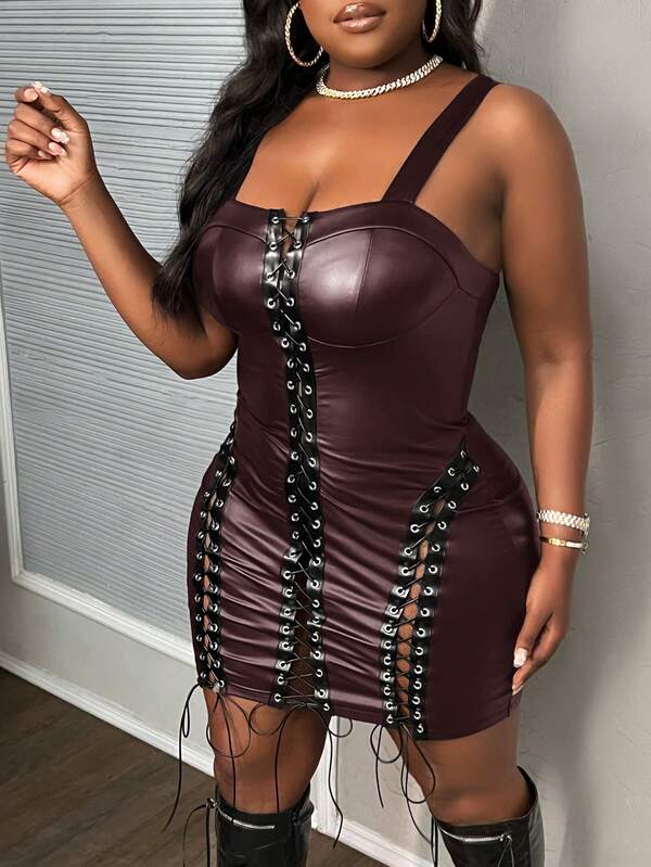 Slaydiva Vestido ajustado de fiesta sexy de encaje y PU para mujer de talla grande