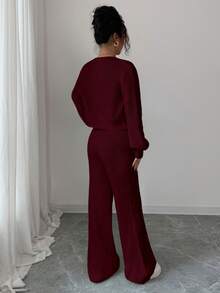Elenzga Women's Elegant Diamond Texture Pearl Button Front Blouse & Loose Fit Pants Knit Two Pieces Set - Burgundy - View 2