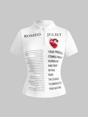 ROMWE Avant Women's Vintage Retro Logo Slogan Print Sexy Polo Collar Top