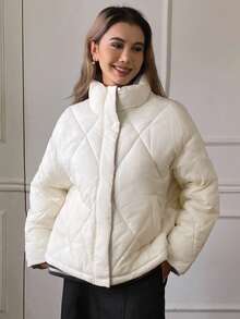 DAZY 女士菱形图案宽松立领抽绳休闲宽松温柔优雅棉服外套，冬季 - 白色 - 查看 5
