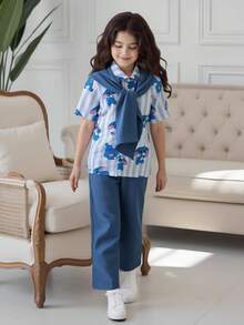 2pcs Tween Girls Casual Loose Short Sleeve Top And Pants Co-Ord Set - Blue - View 9
