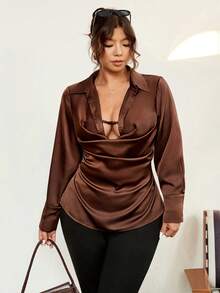 Vionelle Áo cánh dài tay cổ bèo nhún cỡ lớn mới dành cho nữ, thanh lịch, lãng mạn, vừa vặn, thích hợp mặc dự tiệc và mặc hàng ngày - Cà phê nâu - Xem 3