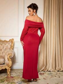 Elenzga 加大码合身蕾丝拼布优雅派对鸡尾酒会礼服，浆果色 - 酒紅色 - 查看 2