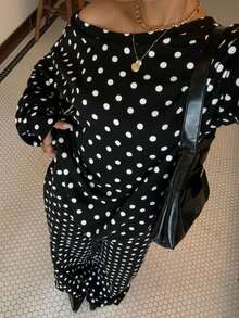 Muchica 女士波点斜肩宽松卫衣运动裤套装，秋冬款 - 黑色 - 查看 6