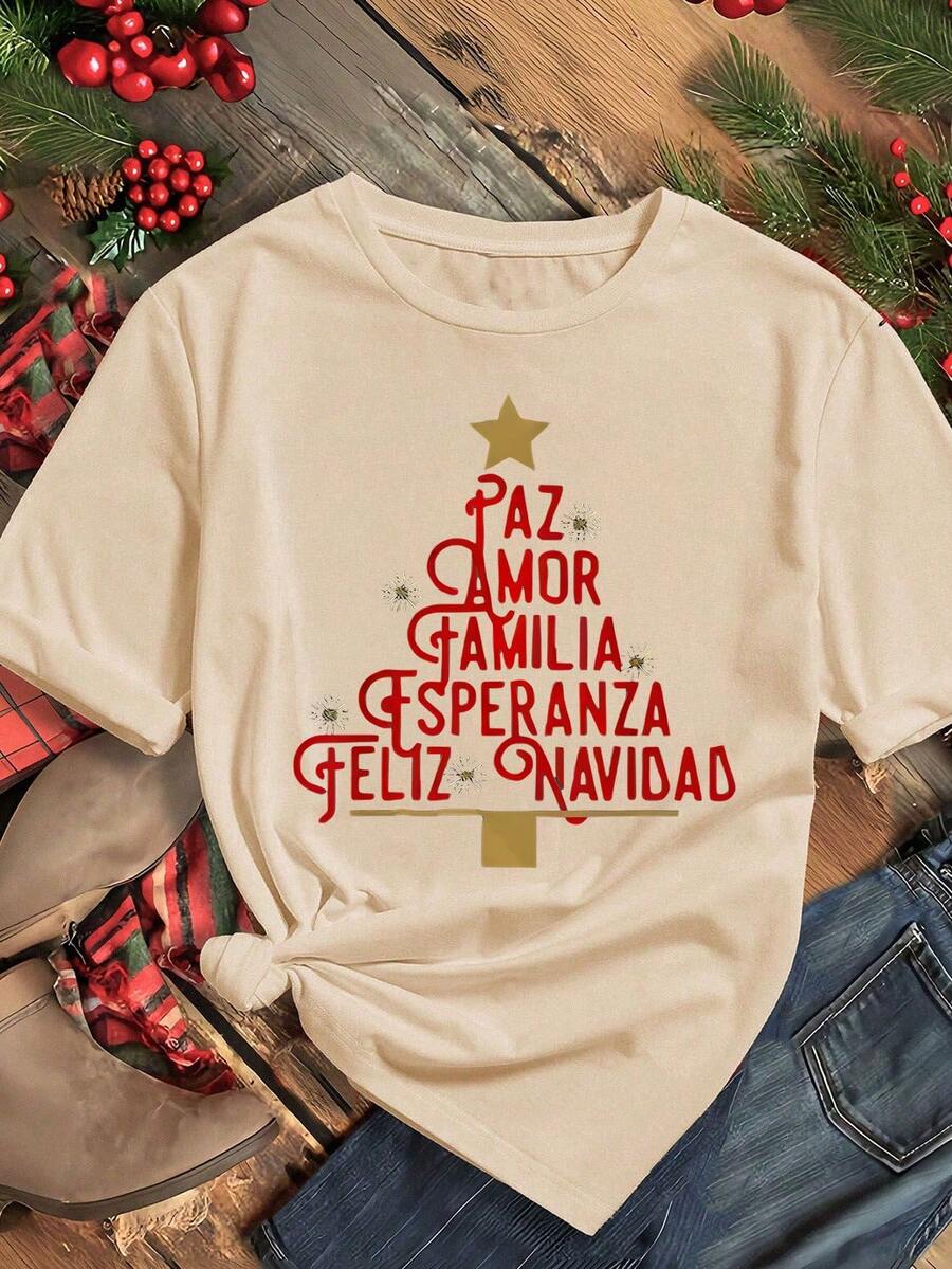 Mujer estilo casual moderno camiseta estampado navideño cómodo cuello redondo manga corta primavera verano uso diario - Beis - Ver 1