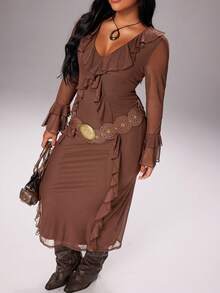 Rustia Sexy V-Neck Ruffle Patchwork Slim Fit Mini Dress - Brown - View 6