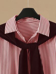 Franclia 女士条纹披肩领衬衫和高腰阔腿裤两件套，春秋季 - 彩色 - 查看 4