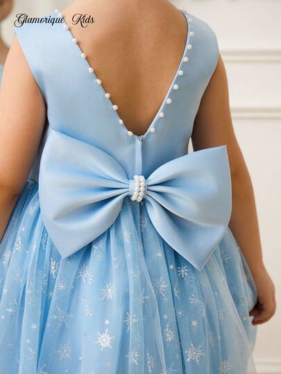 Glamorique Kids Girls' Blue High-Grade Satin Evening Gown, Sleeveless Dress With Hand-Beaded Back Large Butterfly Knot, Snowflake Print Tulle Puff Skirt, Princess Dress For Children's Stage Performance, Banquet, Party, Birthday Dress