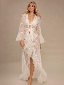 Enchnt Áo choàng ren mỏng trang trí lưới chắp vá dành cho nữ - trắng - Xem 6